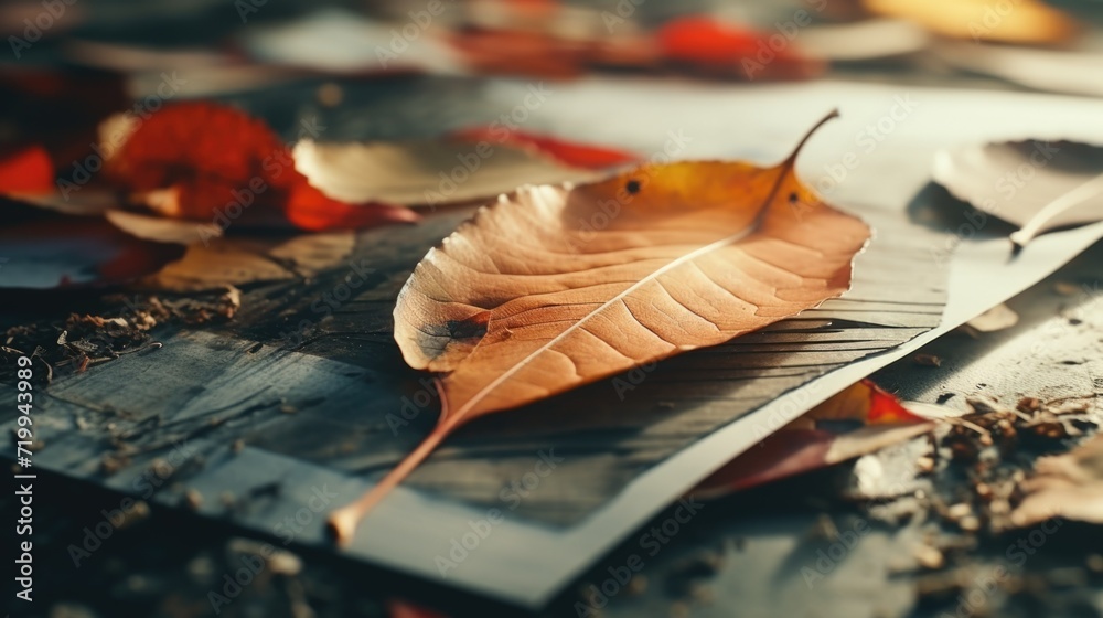 Poster A close-up view of a leaf placed on a table. This image can be used for various purposes