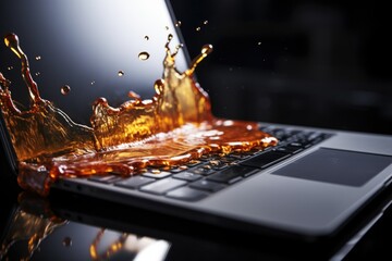 A laptop with a splash of liquid on the keyboard. Ideal for illustrating accidents, spills, or technology-related mishaps.