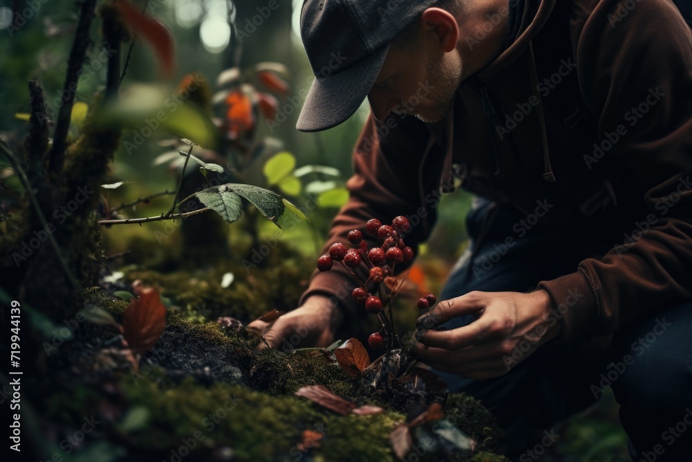 Poster a man kneeling down, carefully picking berries from a tree. perfect for illustrating the process of 