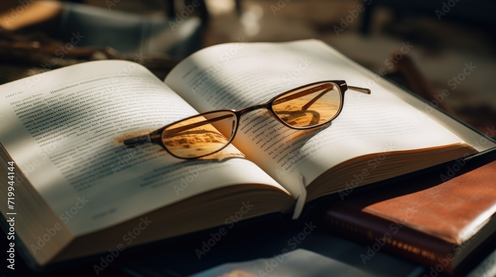 Poster An open book with a pair of glasses on top. Can be used for educational or reading-related concepts