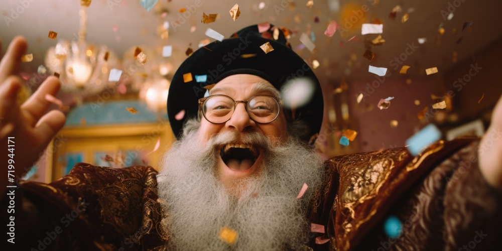 Poster a man with a long beard and glasses is surrounded by confetti. this image can be used to depict cele
