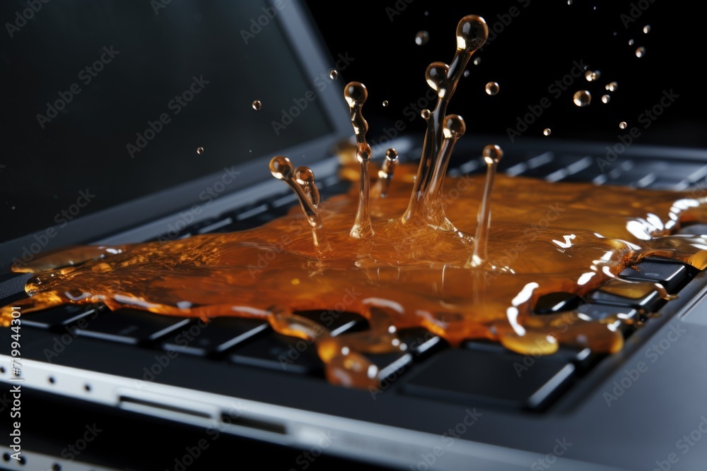 Poster a laptop keyboard with a splash of liquid. perfect for illustrating accidents or spills involving te