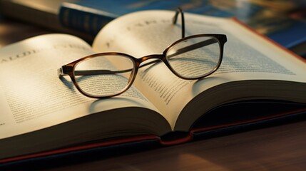 An open book with a pair of glasses resting on top. This image can be used to represent reading, studying, education, or knowledge