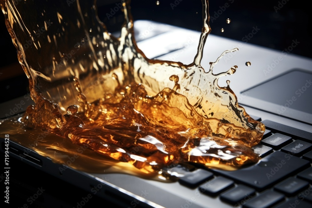 Poster a vivid image capturing a splash of liquid on a laptop keyboard. perfect for illustrating spills, ac