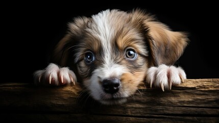 A cute brown and white puppy resting on top of a log. Perfect for pet lovers and nature enthusiasts
