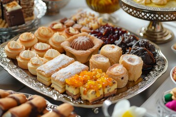 Ramadan food made from assorted middle eastern sweets maamoul, basbousa, awameh. Concept of celebration traditional arabic Eid al Adha, Eid al Fitr 
