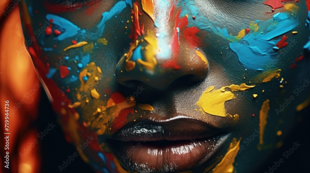 Aufkleber a detailed close-up of a person with paint on their face. this image can be used for various creativ