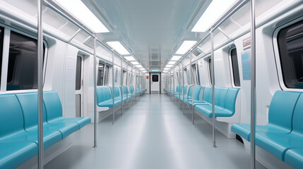 empty subway train with blue seats