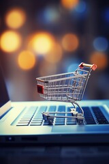 A shopping cart is seen placed on top of a laptop. This image can be used to represent online shopping or e-commerce concepts