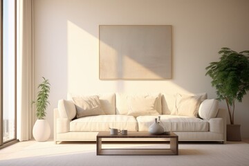 A comfortable living room with a couch and coffee table. Perfect for home decor or interior design projects