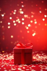 Red gift box on a red table strewn with confetti. Celebrating Valentine's Day, wedding, anniversary or birthday, love, copy space, vertical