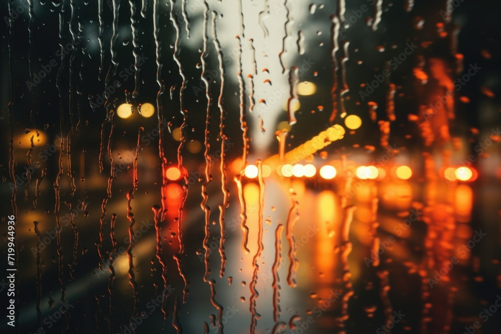 Poster A rain covered window with a view of a city street. Perfect for adding a touch of urban atmosphere to your projects