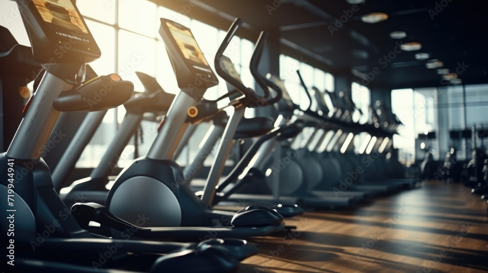 Poster a row of stationary exercise bikes in a gym. perfect for fitness and health-related content