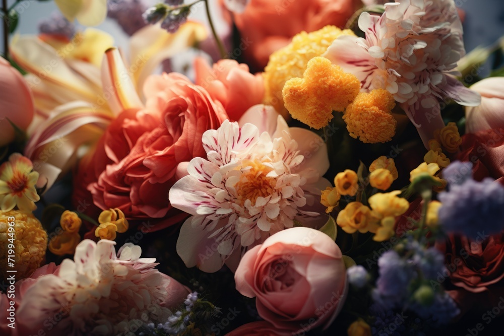Poster A close-up view of a beautiful bunch of flowers. Perfect for adding a touch of nature and color to any project