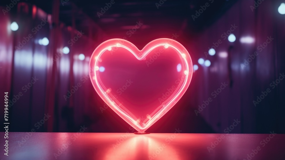Poster a heart shaped neon sign glowing brightly in a dimly lit room. perfect for adding a romantic touch t