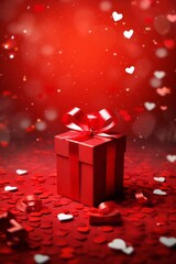 Red gift box on a red table with heart-shaped confetti. Celebrating Valentine's Day, wedding, anniversary or birthday, love, copy space, vertical
