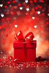 Red gift box on a red table with heart-shaped confetti. Celebrating Valentine's Day, wedding, anniversary or birthday, love,  copy space, vertical
