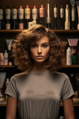 A woman standing in front of a shelf filled with various hair products. This image can be used to showcase different hair care options or for beauty and cosmetic related projects