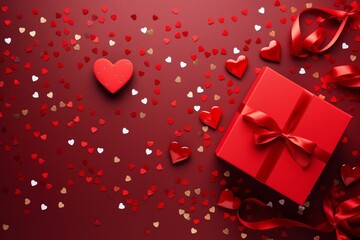 Red gift box with a red ribbon on a red table with heart-shaped confetti. Wedding, anniversary or birthday celebration with copy space, flat lay,
