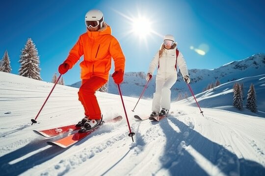 A picture of a couple enjoying a thrilling ski ride down a snow-covered slope. Perfect for winter sports enthusiasts and travel brochures