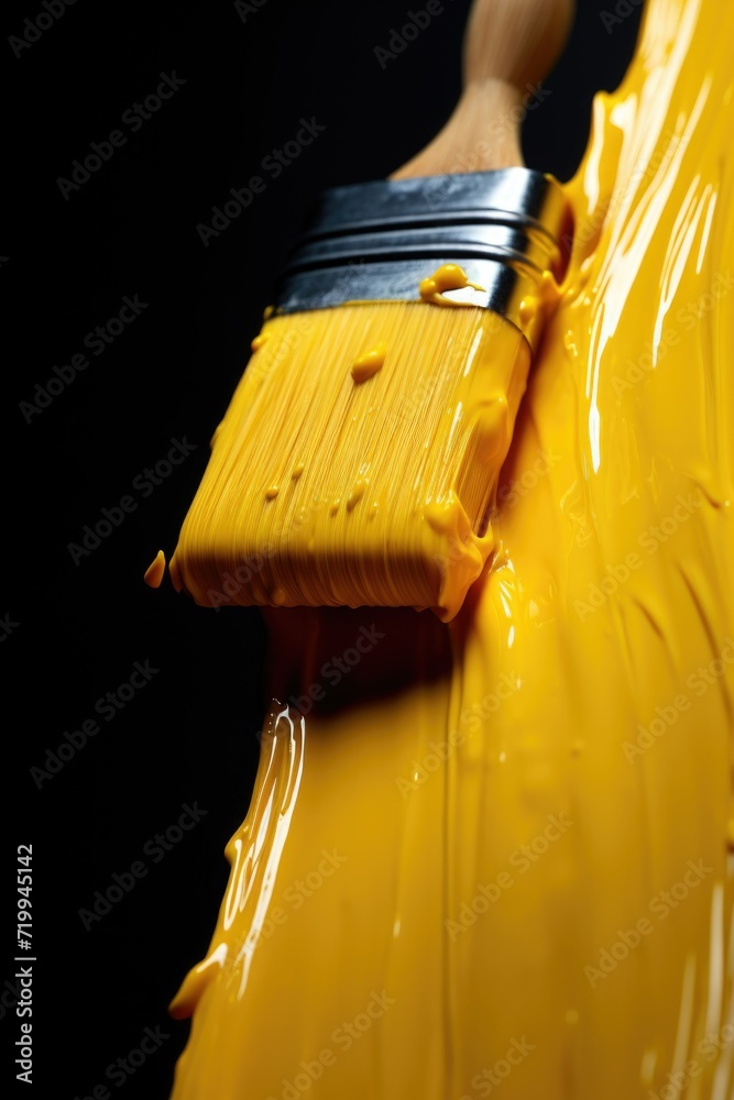 Poster a person holding a paint brush over a container of yellow paint. this image can be used for various 