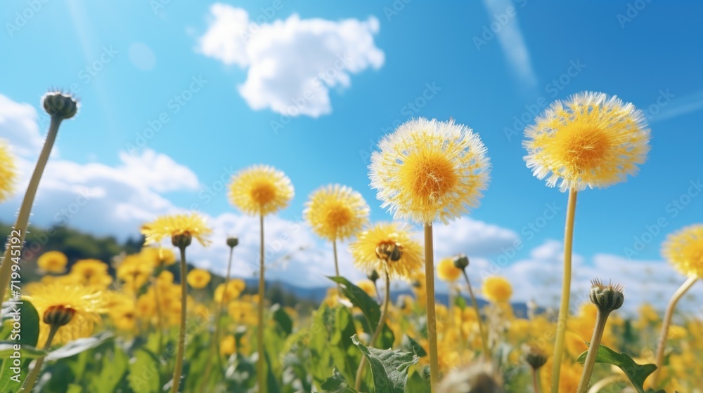 Poster a beautiful field of yellow flowers with a stunning blue sky in the background. perfect for nature e