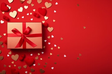 Obraz premium Red gift box on a red table with heart-shaped confetti. Wedding, anniversary or birthday celebration with copy space, flat lay,