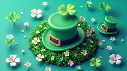 Cap in green clover for good luck on St. Patrick's Day, st. patrick's day abstract, Cap in green clover for good luck on St. Patrick's Day, bright green background, ai generative