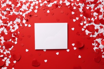White card on a red background with white and red hearts around it. Wedding, anniversary or birthday celebration with copy space, flat lay