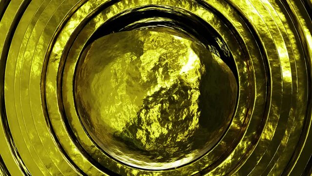 Realistic looping 3D animation of the precious forged gold sphere inside of two golden hemispheres surrounded by moving rings made of pure gold rendered in UHD