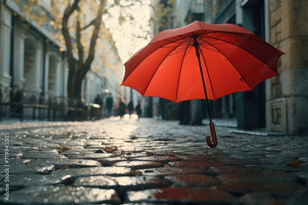 Aufkleber A red umbrella sitting on a cobblestone street. Perfect for adding a pop of color to any urban scene