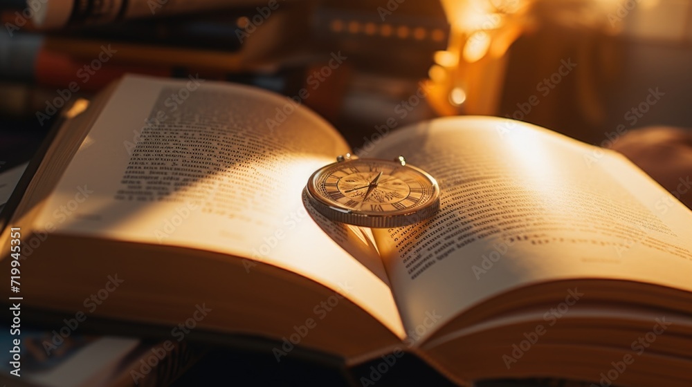 Poster An open book with a watch resting on top. Perfect for time management or education concepts