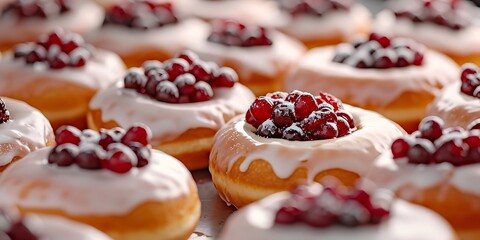 Donuts with cranberries and icing sugar on a black plate.