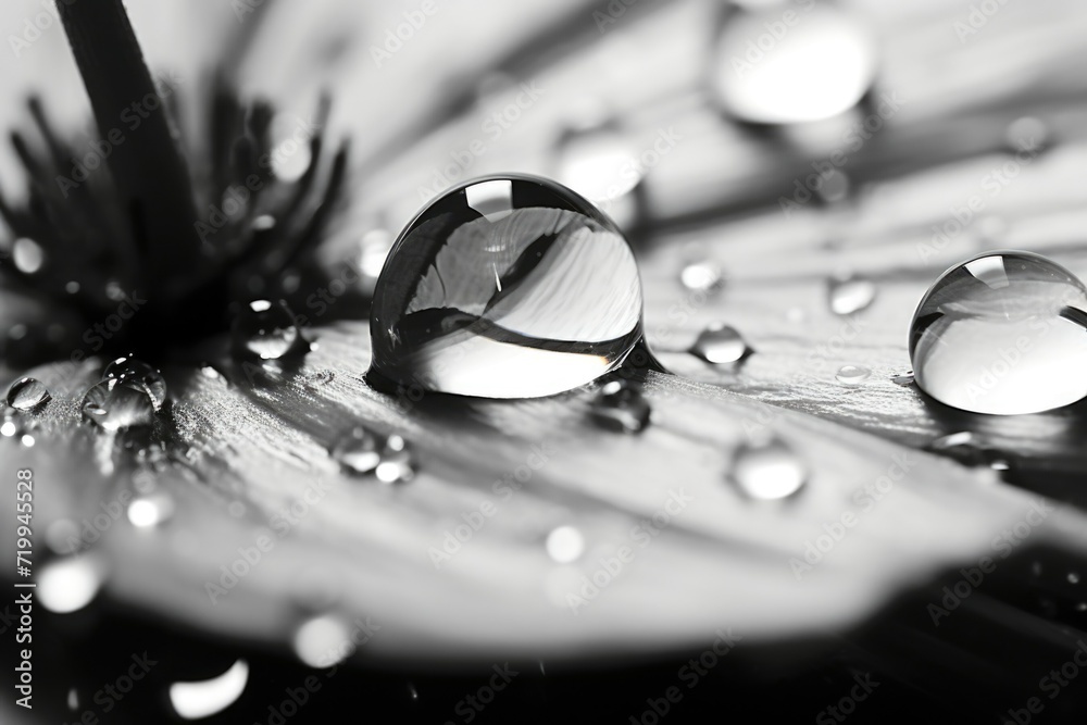 Poster a black and white photo capturing the beauty of water droplets on a flower. perfect for nature enthu