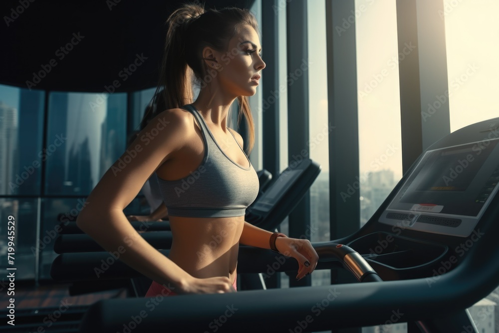 Poster woman running on a treadmill in a gym. suitable for fitness and exercise-related content