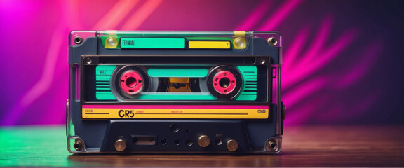 Retro music casette with retro colors eighties and nineties style, cassette tape, mix tape retro cassette design, Music vintage audio theme, Synthwave and vaporwave template. Grainy nostalgia style - obrazy, fototapety, plakaty