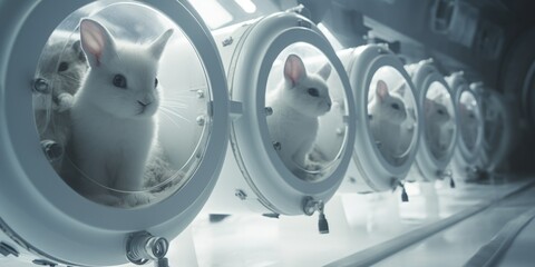 A group of white rabbits sitting inside a machine. This image can be used to depict curiosity, innovation, or teamwork.