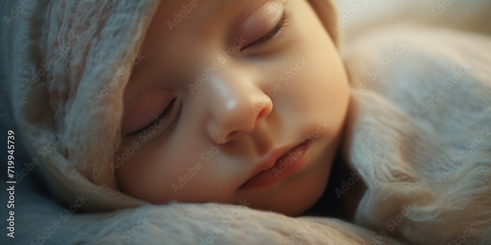 Poster a peaceful image of a sleeping baby on a soft blanket. perfect for capturing the innocence and tranq
