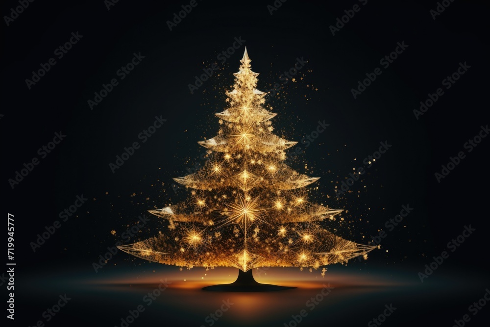 Poster a stunning golden christmas tree set against a black background. perfect for adding a touch of elega