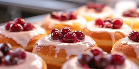 Donuts with cranberries and icing sugar on a black plate.