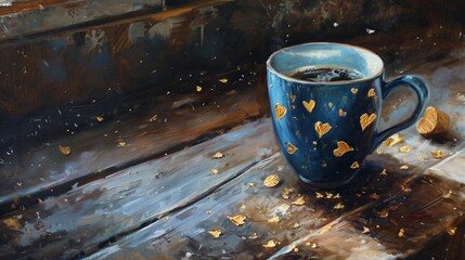A cup of Blue latte on wooden table filled with golden light