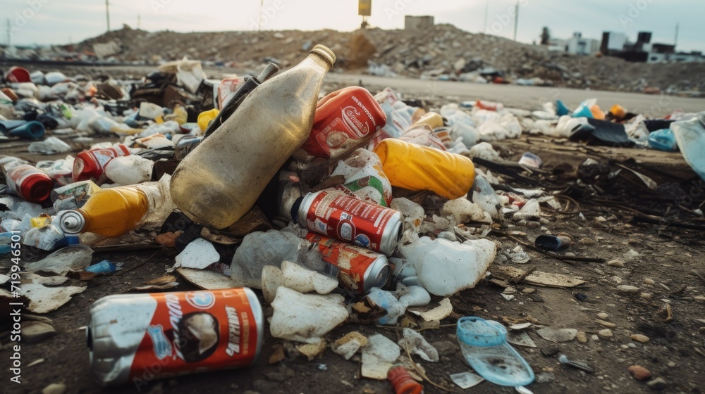 Poster A pile of trash on the ground next to a street. Suitable for illustrating environmental pollution.