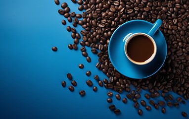 Coffee cup and coffee beans on blue background, top view
