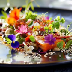Obraz na płótnie Canvas A close-up photo of a gourmet vegan dish, artistically arranged on a plate, with organic vegetables, edible flowers, and plant-based proteins Elegant dining setting