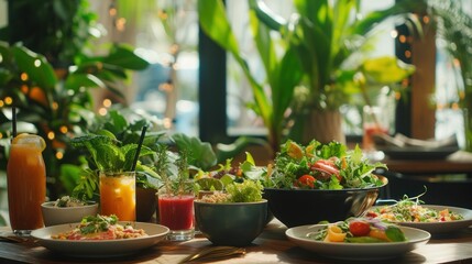 a cozy cafe table with a variety of organic, vegan dishes, including salads, grain bowls, and smoothies Lush plants in the background, warm and inviting atmosphere