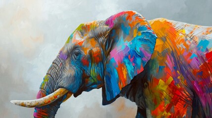 Elephant head with creative colorful floral and spalsh elements on white background