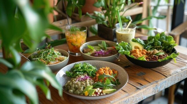 a cozy cafe table with a variety of organic, vegan dishes, including salads, grain bowls, and smoothies Lush plants in the background, warm and inviting atmosphere