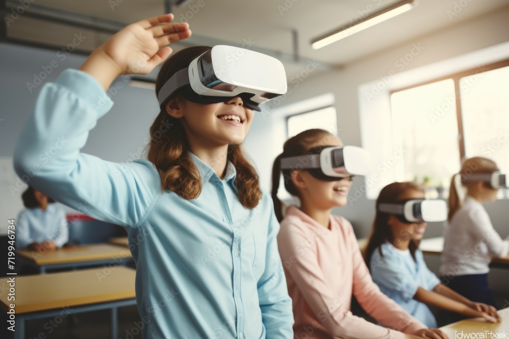 Poster people wearing virtual reality headsets in a classroom. suitable for educational purposes and techno