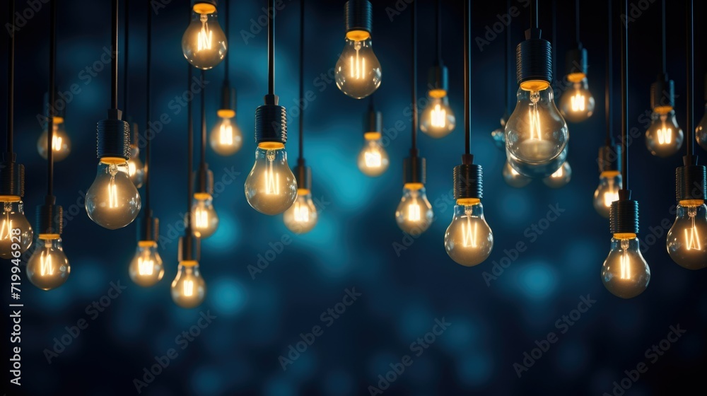 Poster A collection of light bulbs hanging from the ceiling. Perfect for adding a unique and modern touch to any space