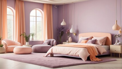 Elegant Bedroom Interior with Soft Pastel Colors, Modern Furniture, and Stylish